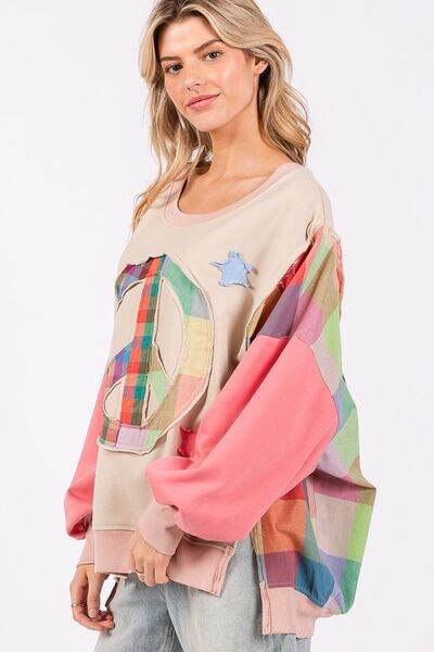SAGE + FIG Full Size Contrast Peace Patch Dropped Shoulder Sweatshirt - Shop Style & More | Fresh Looks, Everyday Deals & Free Shipping