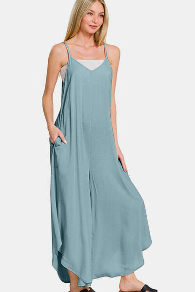 Zenana Spaghetti Strap Wide Leg Overalls with Pockets Jumpsuits