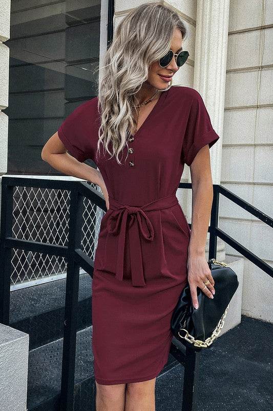 Solid Button Detail Cuffed Pocket Short Dress - Shop Style & More | Fresh Looks, Everyday Deals & Free Shipping