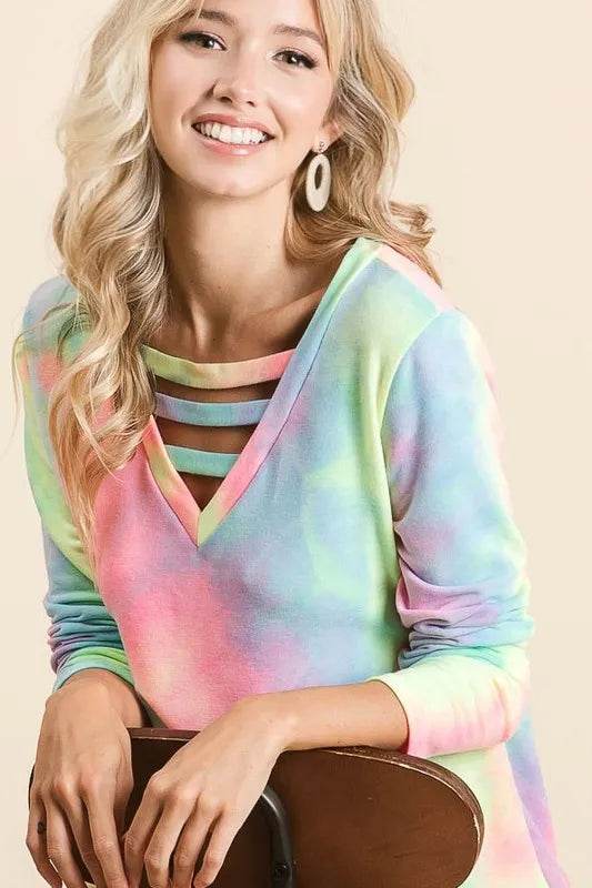 BiBi Tie Dye French Terry V-Neck Top with Strapped - Shop Style & More | Fresh Looks, Everyday Deals & Free Shipping