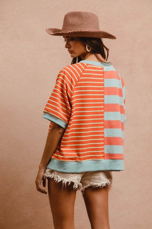 BiBi Striped Round Neck Half Sleeve French Terry Top - Shop Style & More | Fresh Looks, Everyday Deals & Free Shipping