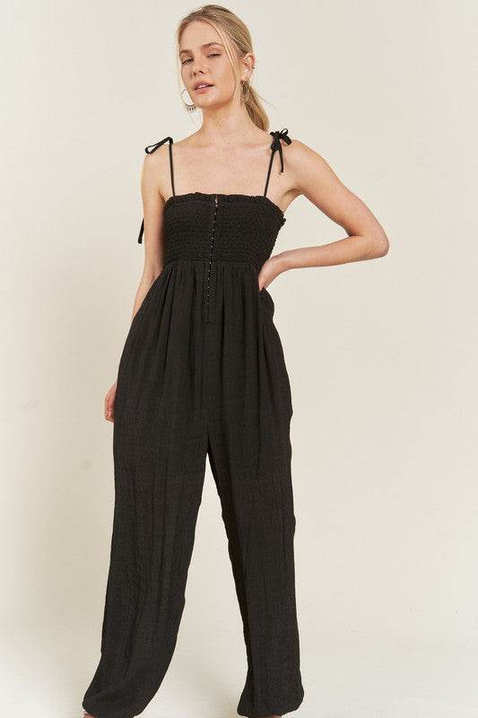 SMOCKED TIE STRAP JUMPSUIT - Shop Style & More | Fresh Looks, Everyday Deals & Free Shipping