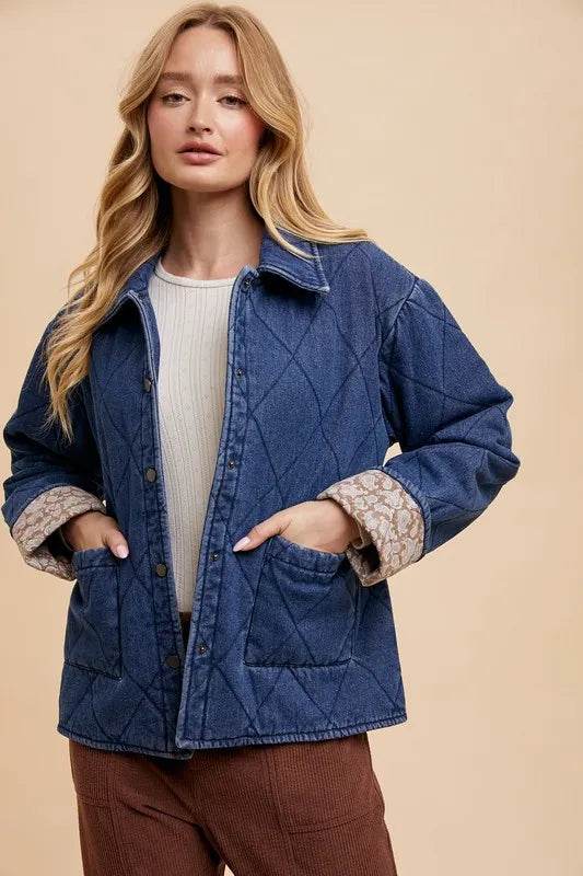 Annie Wear Quilted Printed Lining Snap Down Denim Jacket - Shop Style & More | Fresh Looks, Everyday Deals & Free Shipping