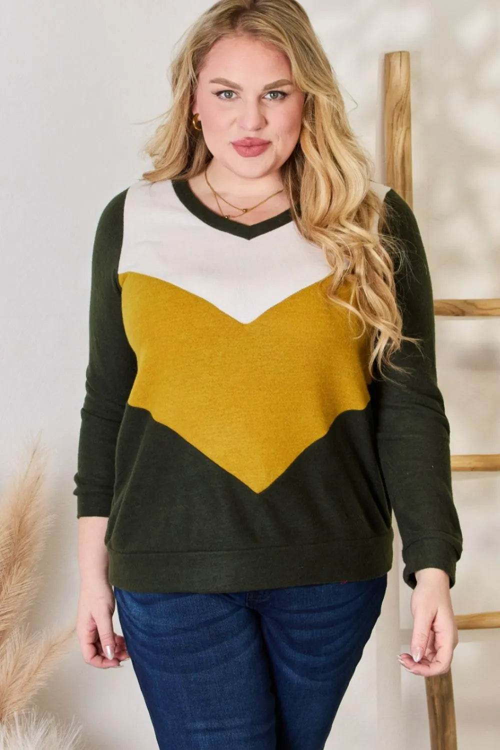 Hailey & Co Full Size Colorblock V-Neck Blouse - Shop Style & More | Fresh Looks, Everyday Deals & Free Shipping