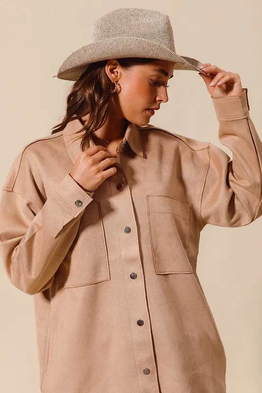 SO ME Faux Sued Snap Shacket with Collar and Pockets - Shop Style & More | Fresh Looks, Everyday Deals & Free Shipping