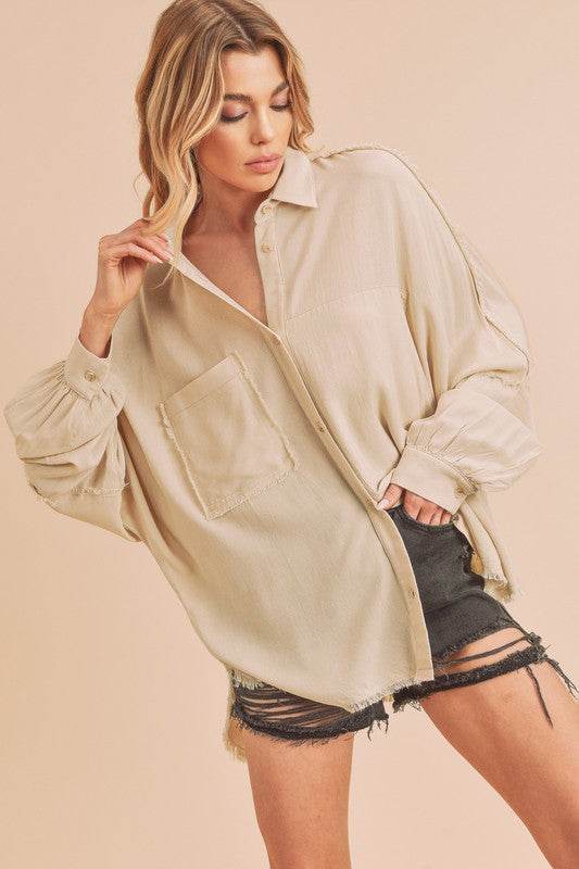 Aemi + Co Raw Edge Exposed Seam Collared Neck Long Sleeve Shirt - Shop Style & More | Fresh Looks, Everyday Deals & Free Shipping