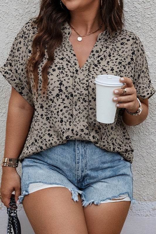 Plus Size Floral Notched V Neck Short Casual Blous - Shop Style & More | Fresh Looks, Everyday Deals & Free Shipping