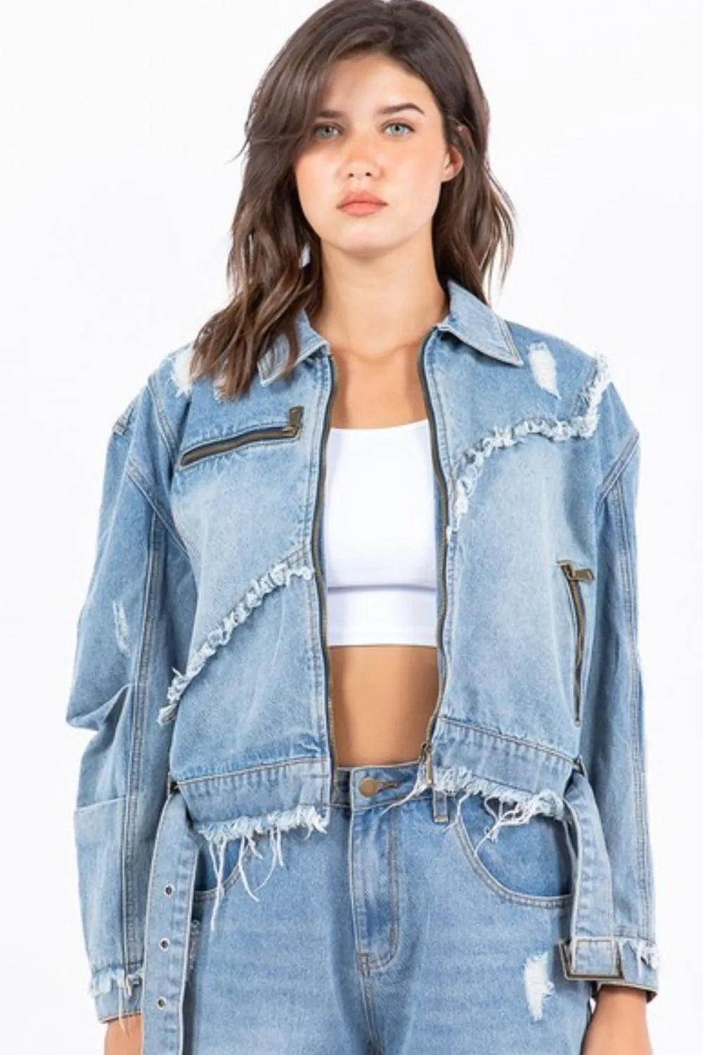 American Bazi Full Size Distressed Frayed Edge Zip Up Denim Jacket Plus Size Women's Outerwear