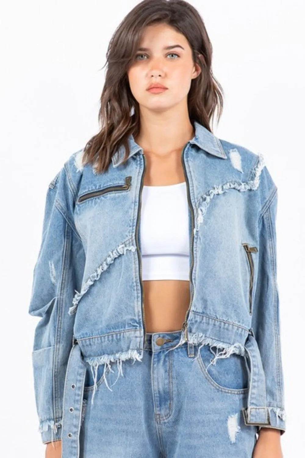 American Bazi Full Size Distressed Frayed Edge Zip Up Denim Jacket Plus Size - Shop Style & More | Fresh Looks, Everyday Deals & Free Shipping