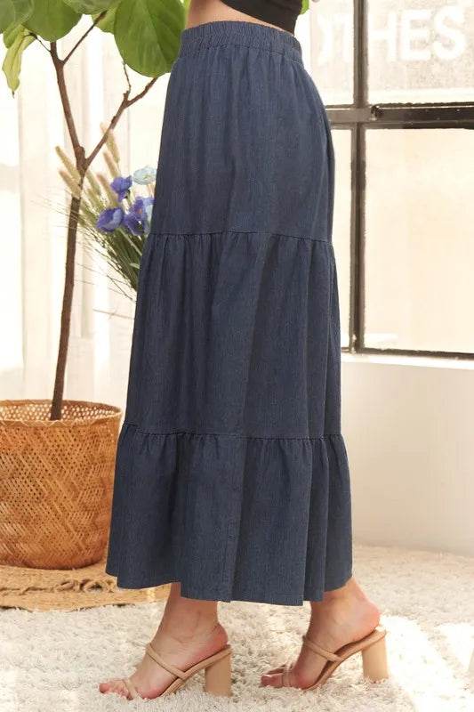 ADORA Waist Band Tiered Denim Maxi Skirt - Shop Style & More | Fresh Looks, Everyday Deals & Free Shipping