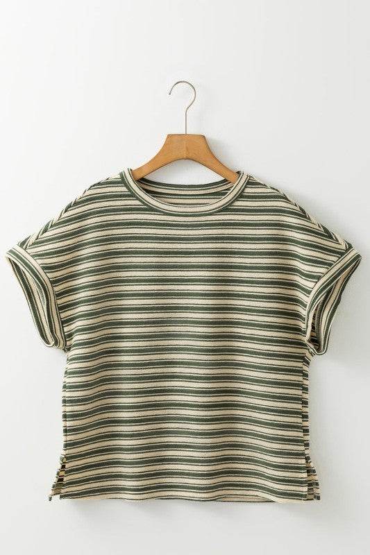Abby Stripe Textured Side Slits Top - Shop Style & More | Fresh Looks, Everyday Deals & Free Shipping