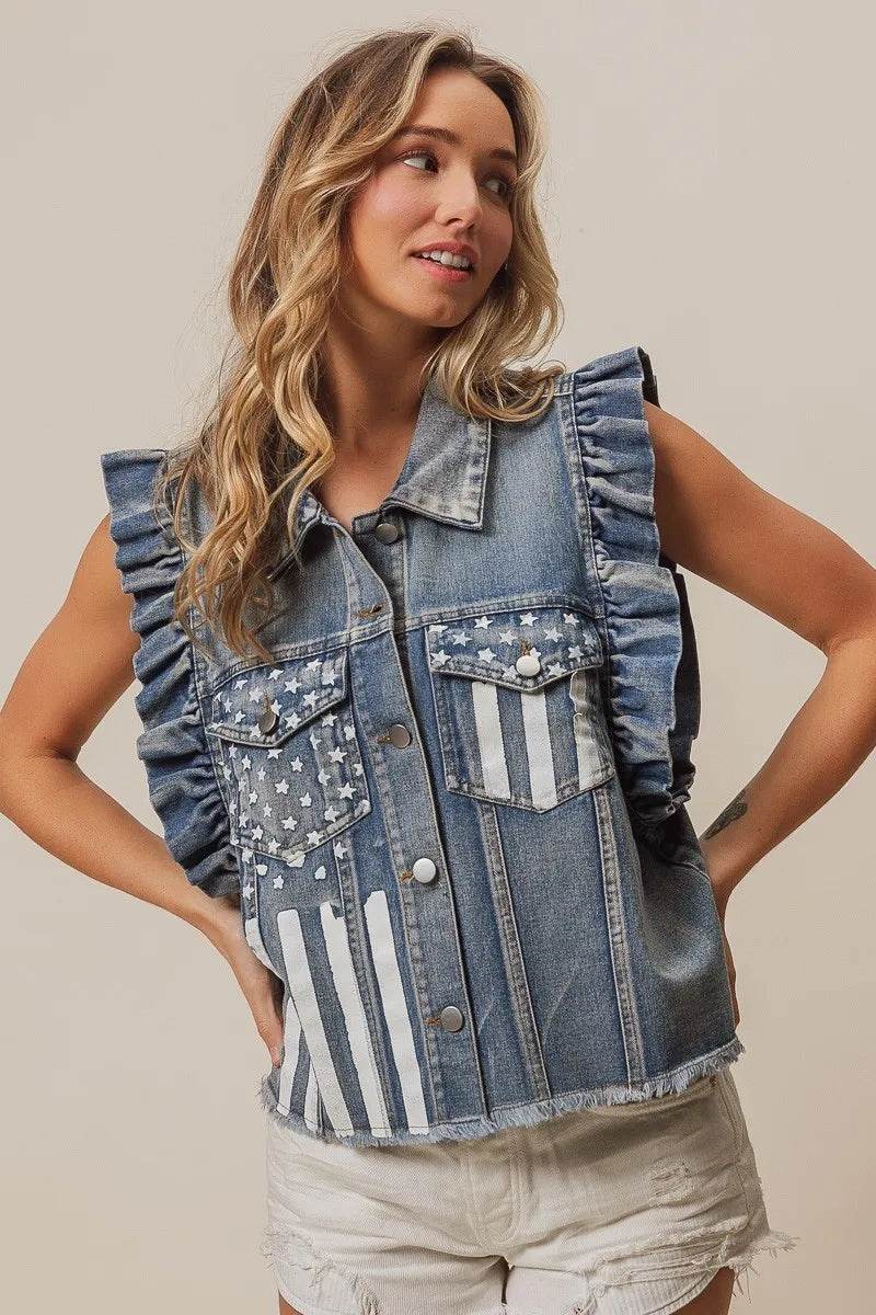 BiBi American Flag Washed Denim Jacket - Shop Style & More | Fresh Looks, Everyday Deals & Free Shipping
