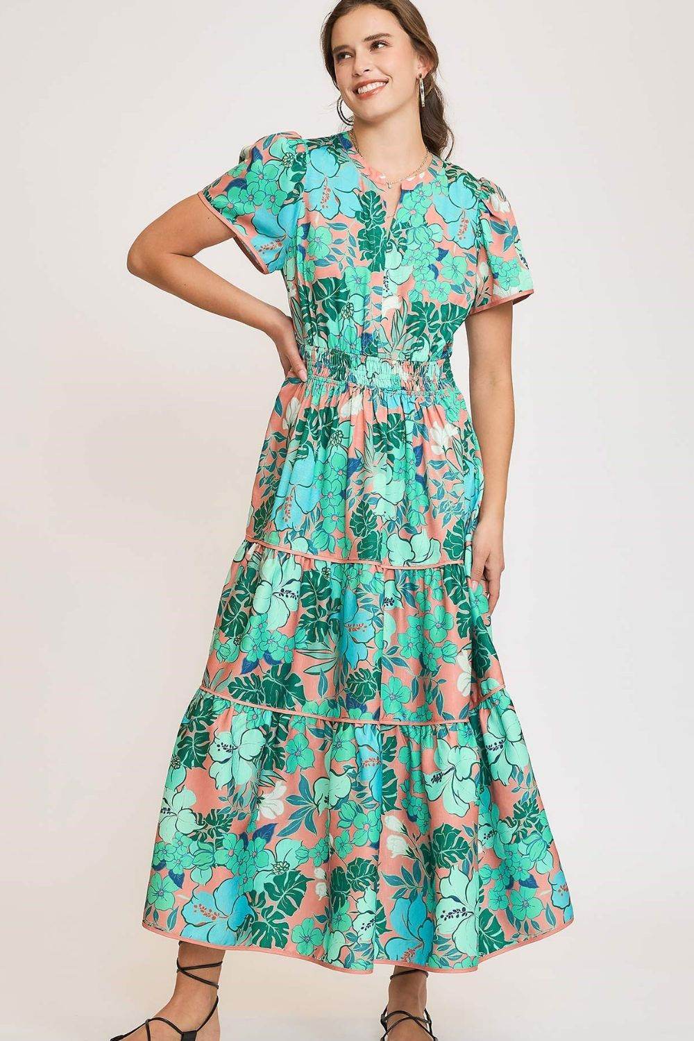 Umgee Full Size Printed Notched Short Sleeve Tiered Dress Plus Size - Shop Style & More | Fresh Looks, Everyday Deals & Free Shipping