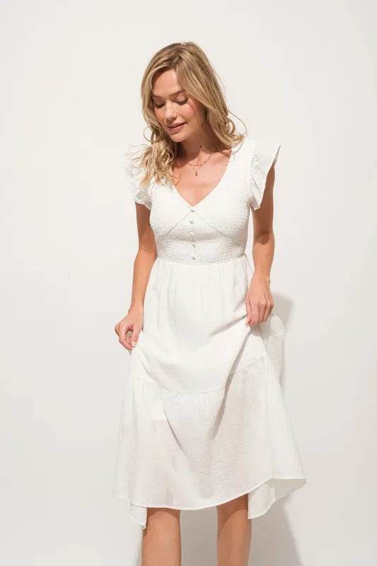 And The Why Ruffle Sleeve Front Smocked Tiered Midi Dress - Shop Style & More | Fresh Looks, Everyday Deals & Free Shipping