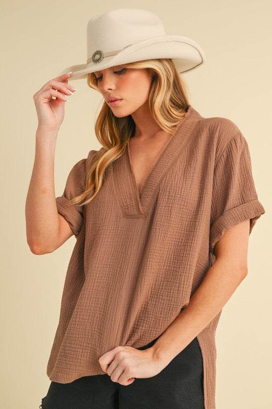 Aemi + Co Side Slit V-Neck Short Sleeve Blouse - Shop Style & More | Fresh Looks, Everyday Deals & Free Shipping