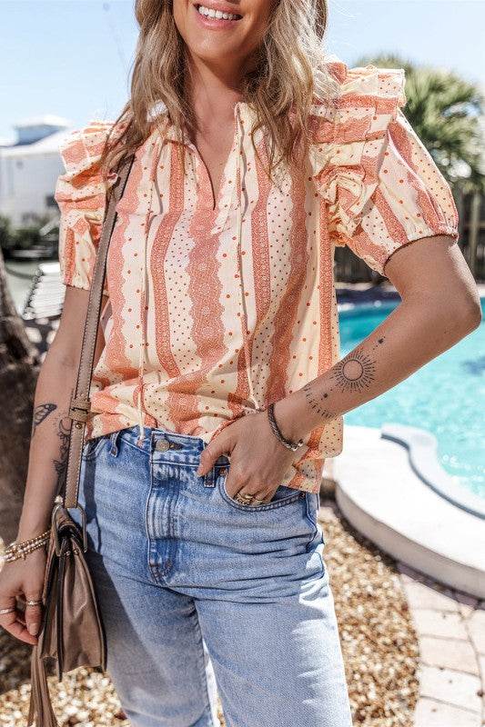 Kelsey Frilled Short Puff Sleeve Mixed Print Blous - Shop Style & More | Fresh Looks, Everyday Deals & Free Shipping