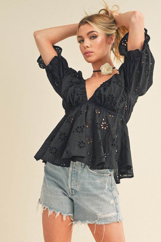Aemi + Co Eyelet Embroidered V-Neck Half Sleeve Peplum Blouse - Shop Style & More | Fresh Looks, Everyday Deals & Free Shipping