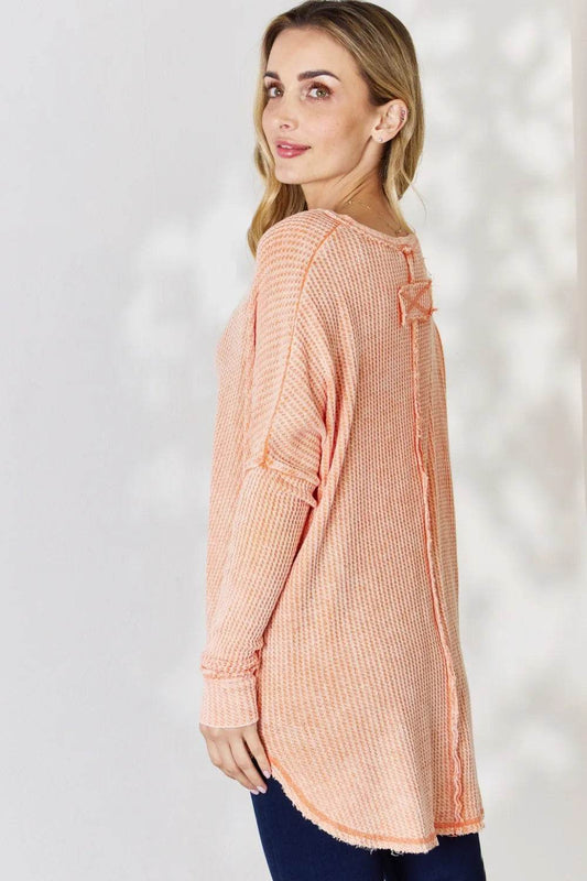 Zenana Oversized Washed Waffle Long Sleeve Top - Shop Style & More | Fresh Looks, Everyday Deals & Free Shipping