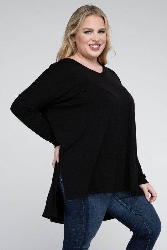 Plus Dolman Sleeve V-Neck Side Slit Hi-Low Hem Top - Shop Style & More | Fresh Looks, Everyday Deals & Free Shipping
