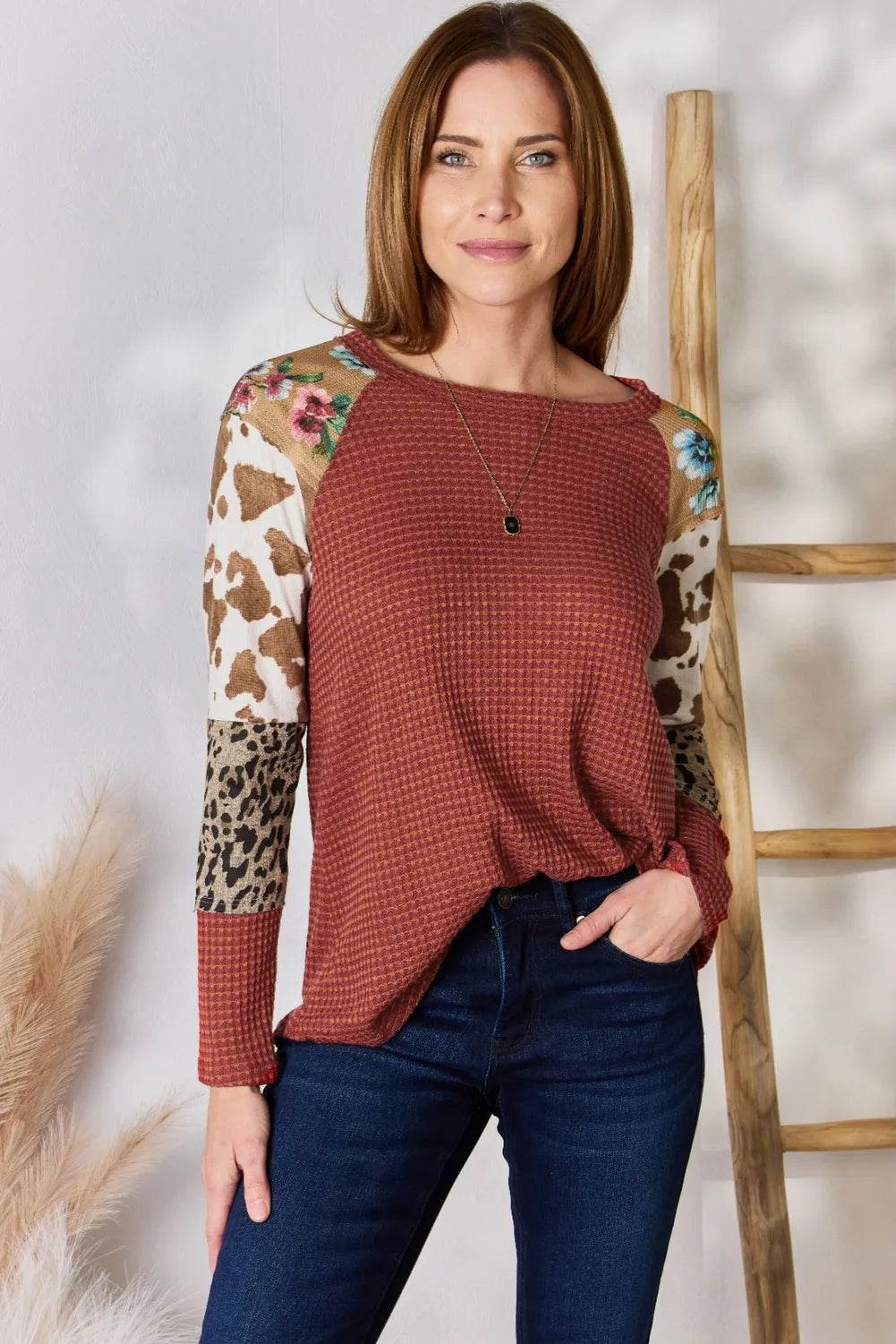 Hailey & Co Full Size Leopard Waffle-Knit Blouse - Shop Style & More | Fresh Looks, Everyday Deals & Free Shipping