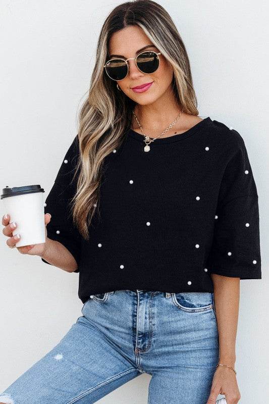 Demi Pearl Beaded Drop Shoulder Crewneck Top - Shop Style & More | Fresh Looks, Everyday Deals & Free Shipping