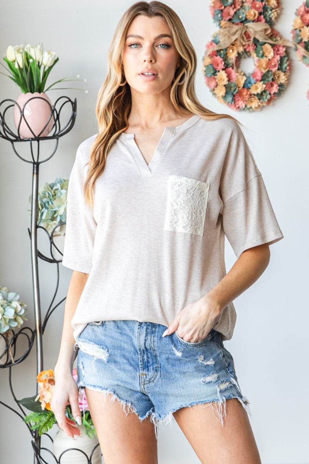Heimish Full Size Lace Front Pocket Drop Shoulder Top - Shop Style & More | Fresh Looks, Everyday Deals & Free Shipping