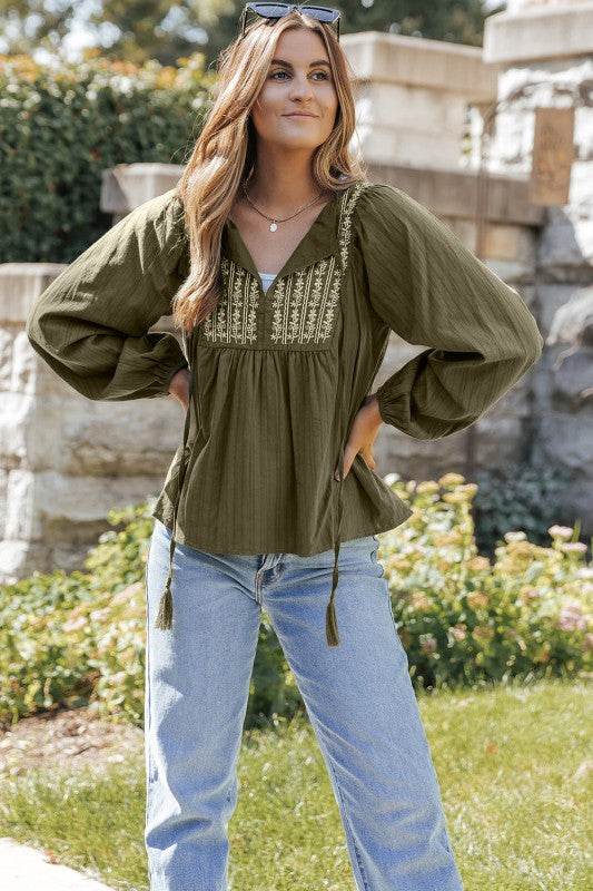 Eloise Embroidered Split Neck Top - Shop Style & More | Fresh Looks, Everyday Deals & Free Shipping