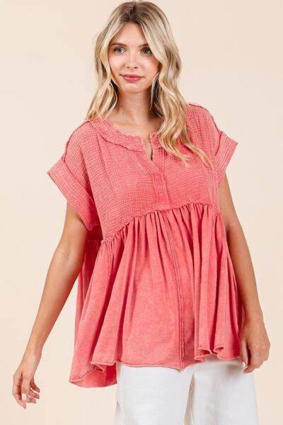 Mittoshop Mixed Media Mineral Wash Babydoll Short Sleeve Blouse - Shop Style & More | Fresh Looks, Everyday Deals & Free Shipping