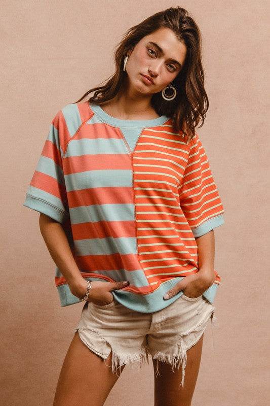 BiBi Striped Round Neck Half Sleeve French Terry Top - Shop Style & More | Fresh Looks, Everyday Deals & Free Shipping