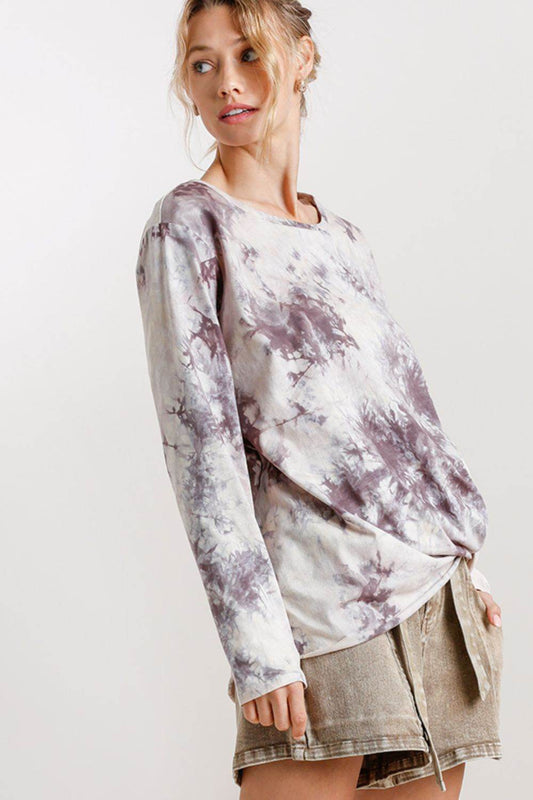 Umgee Full Size Tie Dye Front Gathered Detail Round Neck Long Sleeve T-Shirt Plus Size - Shop Style & More | Fresh Looks, Everyday Deals & Free Shipping