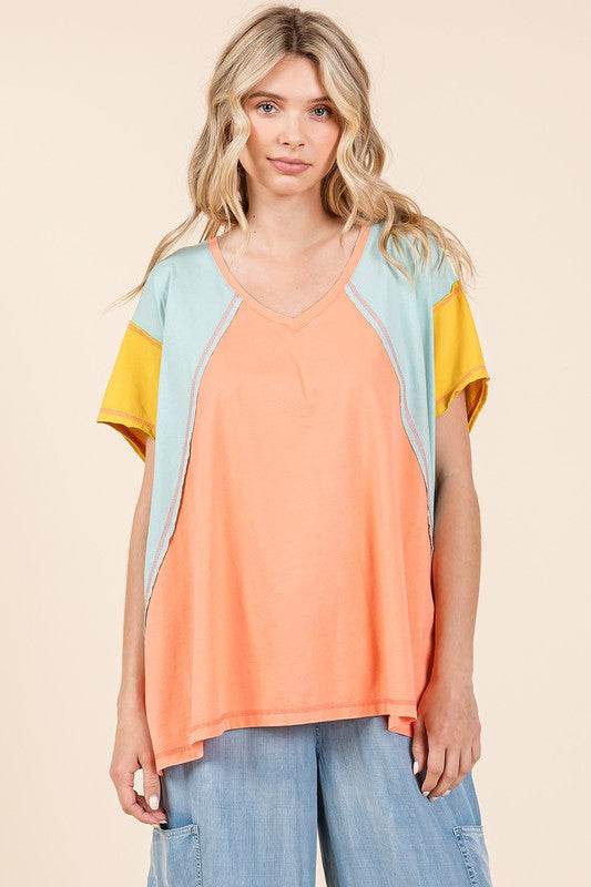 Mittoshop Color Block V-Neck Short Sleeve T-Shirt - Shop Style & More | Fresh Looks, Everyday Deals & Free Shipping