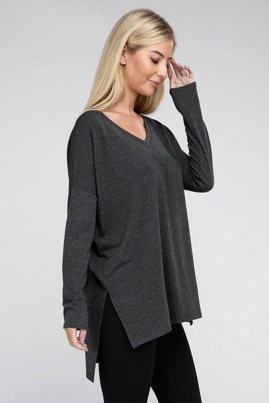 Dolman Long Sleeve V-Neck Side Slit Hi-Low Hem Top - Shop Style & More | Fresh Looks, Everyday Deals & Free Shipping