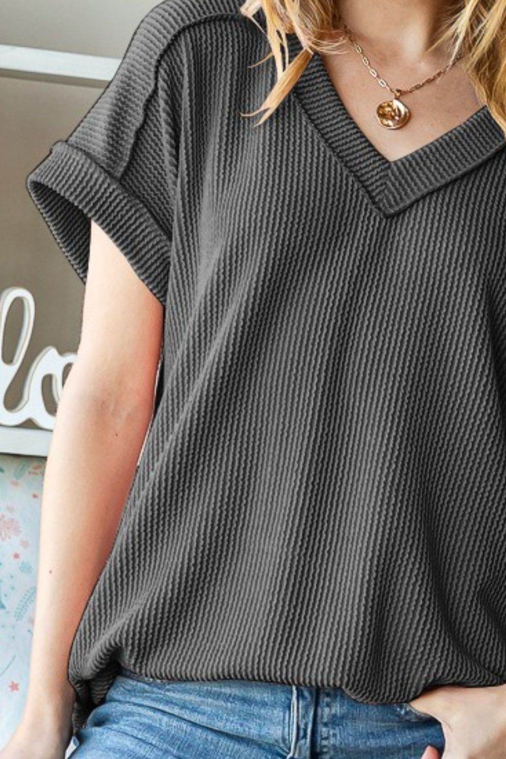 Heimish Full Size Exposed Seam Short Sleeve Ribbed Top - Shop Style & More | Fresh Looks, Everyday Deals & Free Shipping