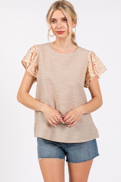 Ces Femme Round Neck Floral Short Sleeve Top Blouses