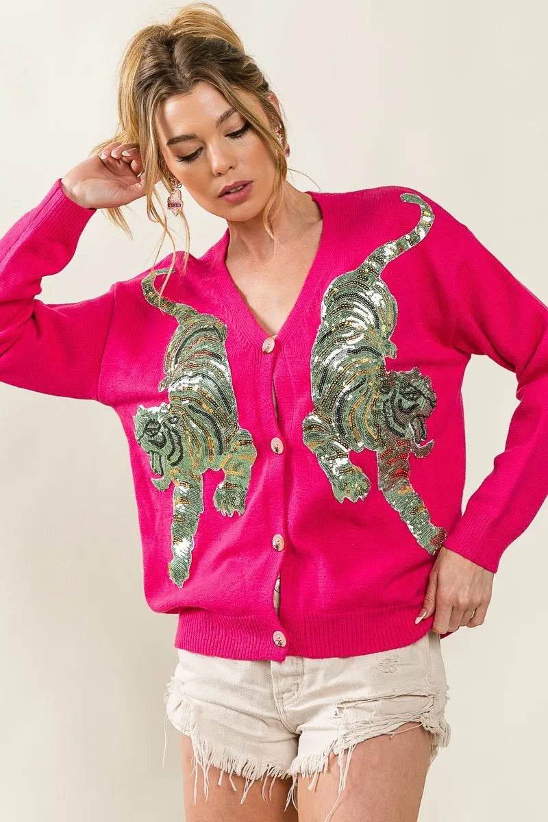 BiBi Front Tiger Sequin Patch V-neck Sweater Cardigan - Shop Style & More | Fresh Looks, Everyday Deals & Free Shipping