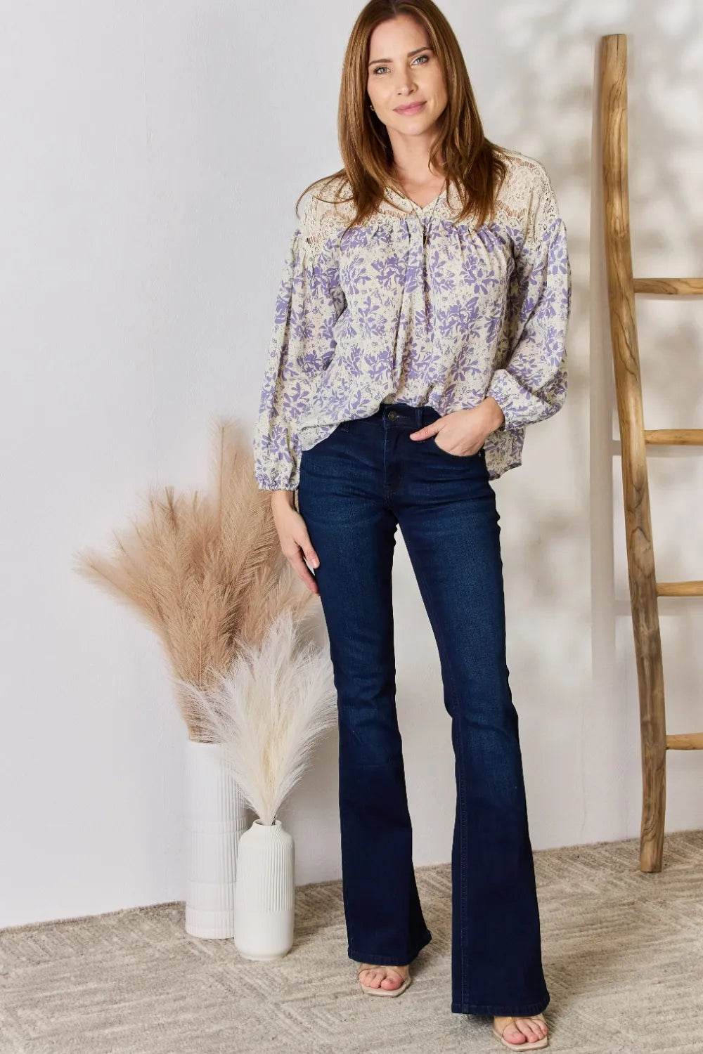Hailey & Co Full Size Lace Detail Printed Blouse - Shop Style & More | Fresh Looks, Everyday Deals & Free Shipping