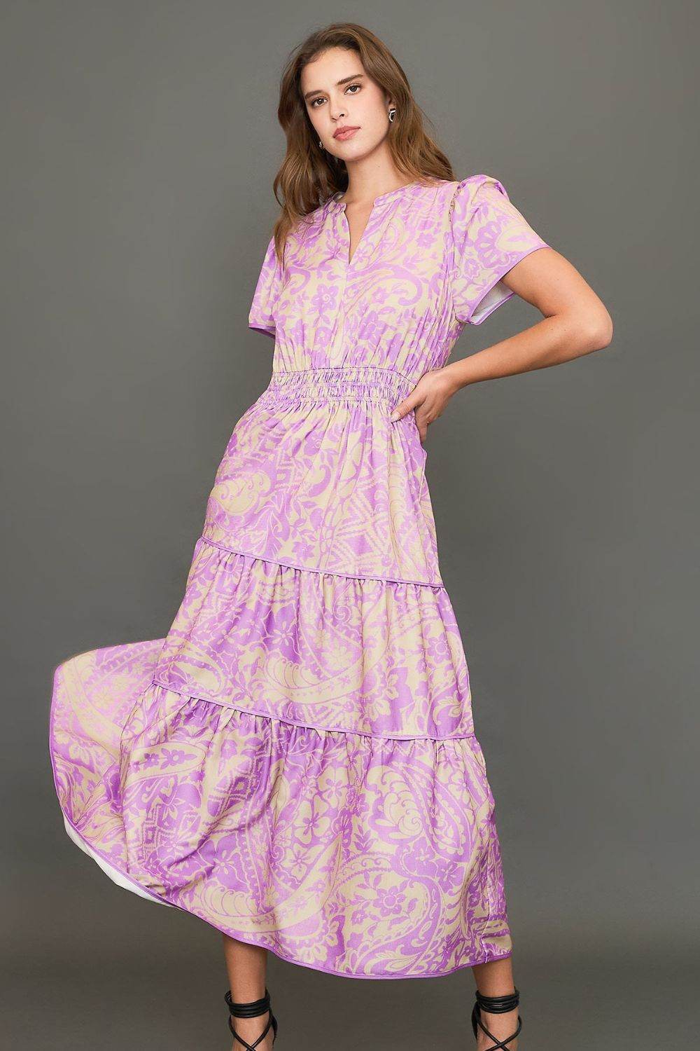 Umgee Full Size Printed Notched Short Sleeve Tiered Dress Plus Size - Shop Style & More | Fresh Looks, Everyday Deals & Free Shipping