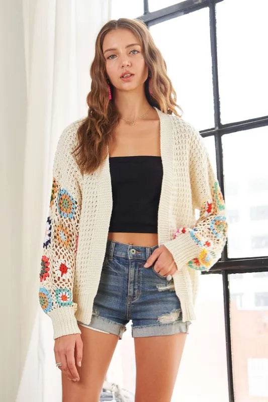 ADORA Full Size Contrast Crochet Open Front Long Sleeve Cardigan - Shop Style & More | Fresh Looks, Everyday Deals & Free Shipping