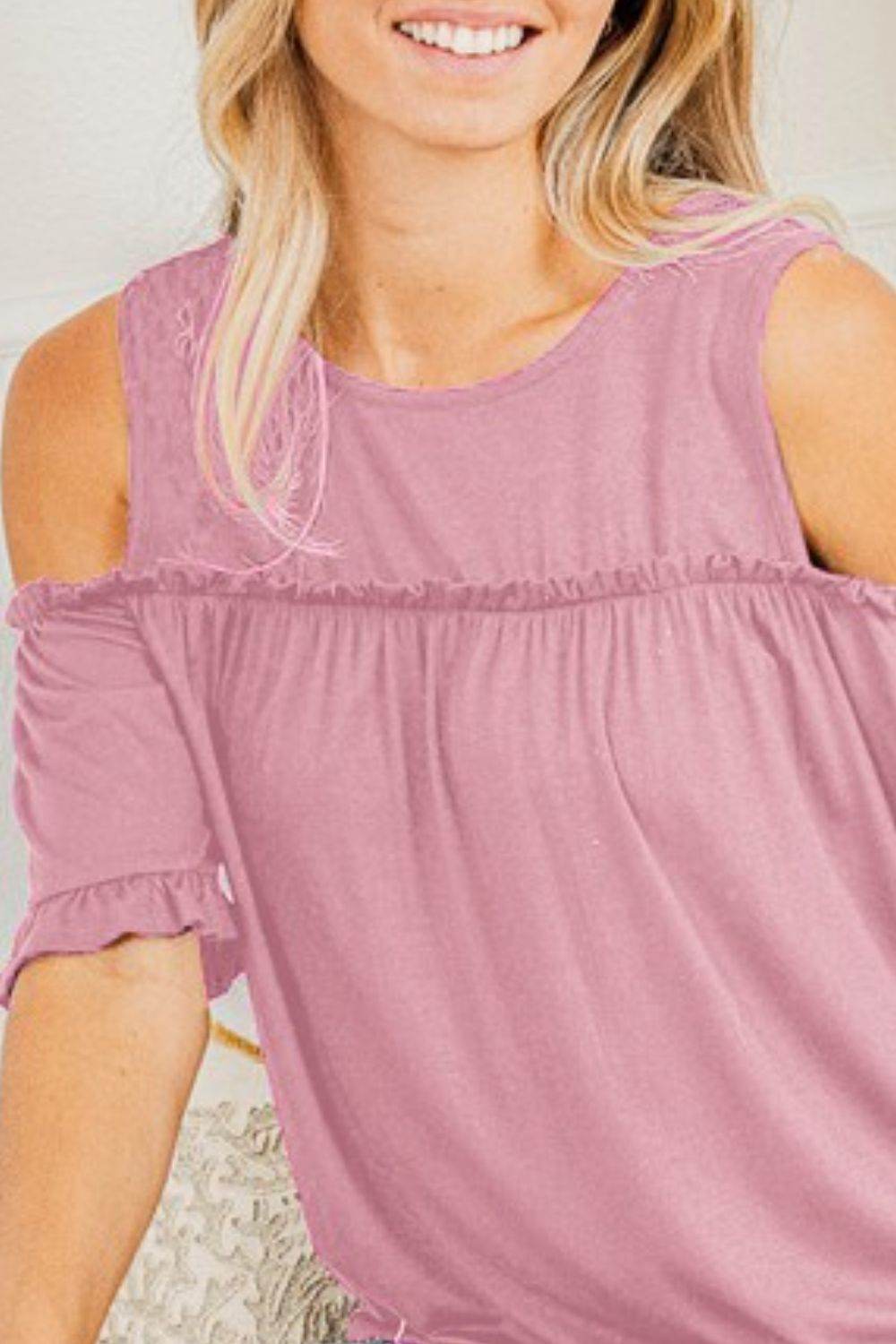 Heimish Full Size Frill Round Neck Cold Shoulder T-Shirt Plus Size - Shop Style & More | Fresh Looks, Everyday Deals & Free Shipping