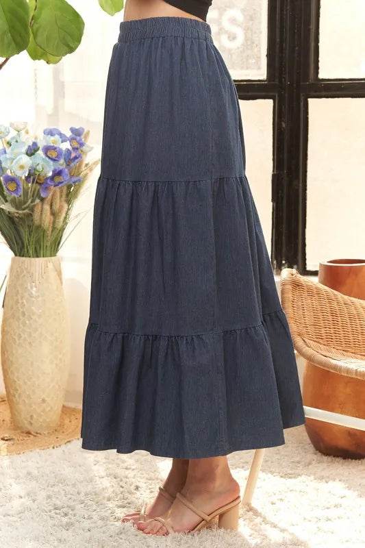 ADORA Waist Band Tiered Denim Maxi Skirt - Shop Style & More | Fresh Looks, Everyday Deals & Free Shipping