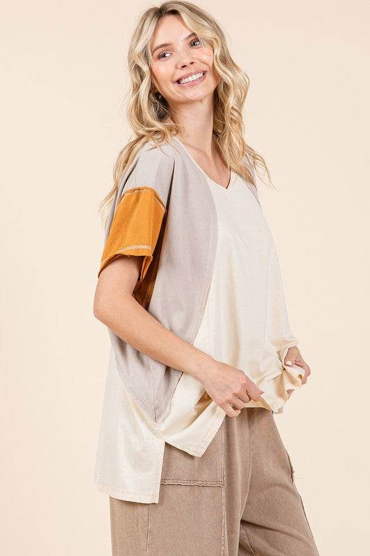 Mittoshop Color Block V-Neck Short Sleeve T-Shirt - Shop Style & More | Fresh Looks, Everyday Deals & Free Shipping