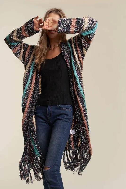 ADORA Multi Colour Sweater Long Cardigan with Fringes - Shop Style & More | Fresh Looks, Everyday Deals & Free Shipping