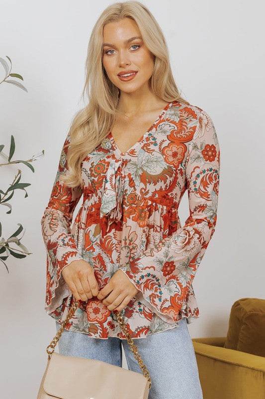 Celeste Floral V Neck Knot Bell Sleeve Blouse - Shop Style & More | Fresh Looks, Everyday Deals & Free Shipping