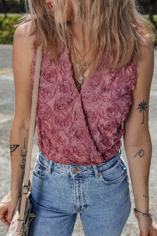 Floral Textured V Neck Wrapped Sleeveless Bodysuit - Shop Style & More | Fresh Looks, Everyday Deals & Free Shipping