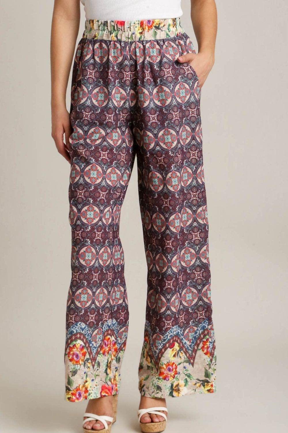 Umgee Full Size Mixed Print Elastic Waistband Pants Plus Size - Shop Style & More | Fresh Looks, Everyday Deals & Free Shipping