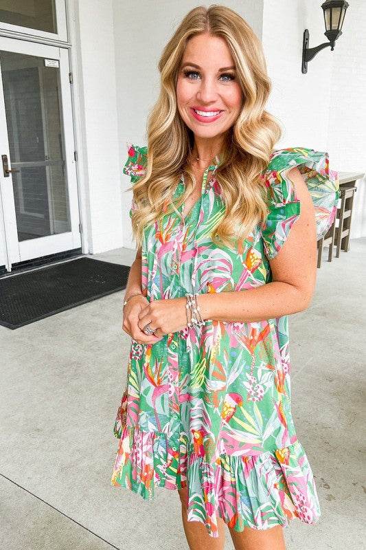 Floral Ruffle Trim Flutter Sleeve Buttoned Dress - Shop Style & More | Fresh Looks, Everyday Deals & Free Shipping