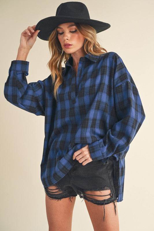 Aemi + Co Side Slit High-Low Plaid Long Sleeve Polo Shirt - Shop Style & More | Fresh Looks, Everyday Deals & Free Shipping