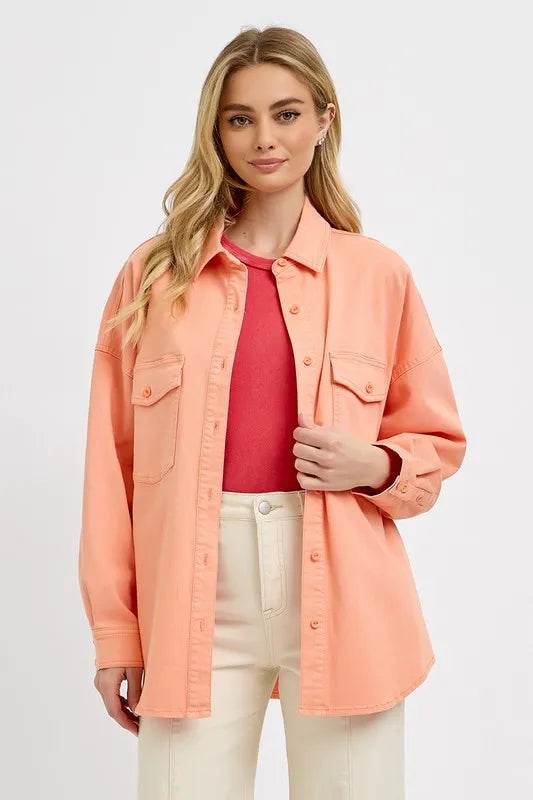 RISEN Full Size Button Down Long Sleeve Denim Shacket with Chest Pockets Plus Size - Shop Style & More | Fresh Looks, Everyday Deals & Free Shipping