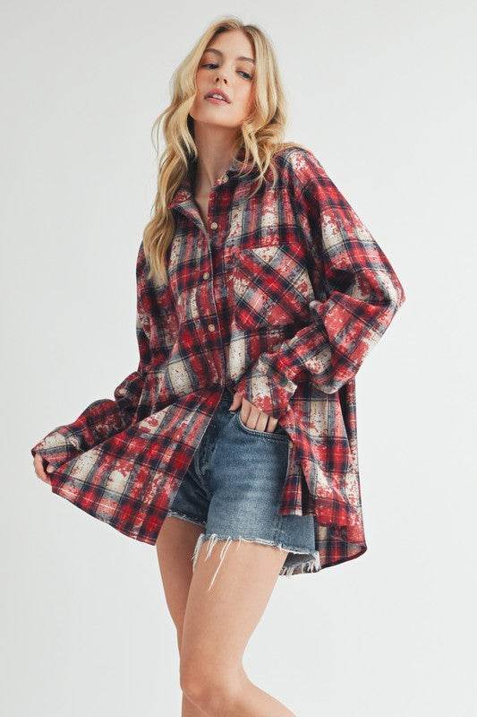 Aemi + Co Washed Plaid Button Up Raglan Sleeve Flannel Shirt - Shop Style & More | Fresh Looks, Everyday Deals & Free Shipping