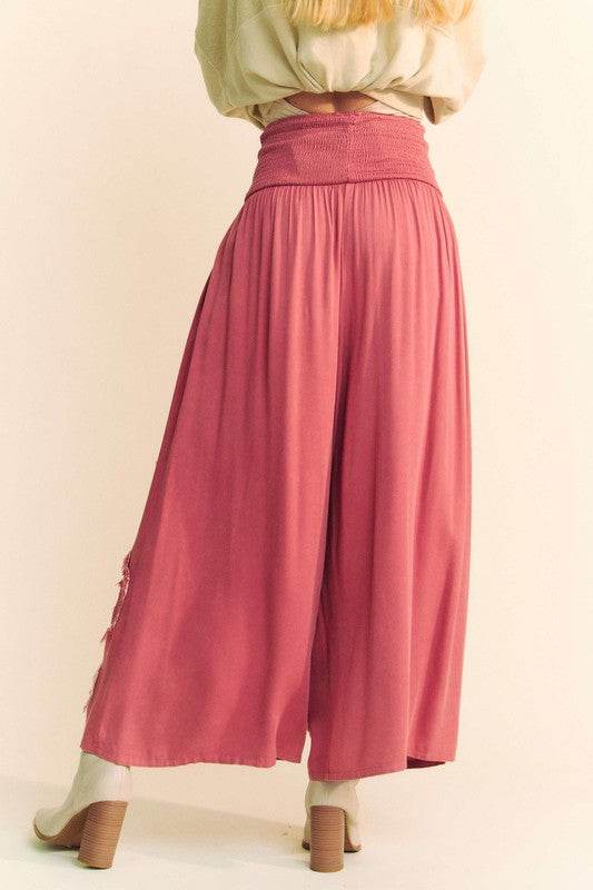 Davi & Dani Smocked Waist Flower Patch Wide Leg Pants - Shop Style & More | Fresh Looks, Everyday Deals & Free Shipping